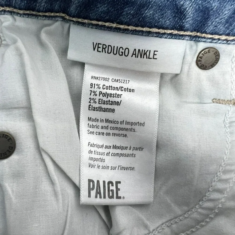 Paige Women’s Verdugo Ankle Jeans Distressed Low Rise Size 26 Waist